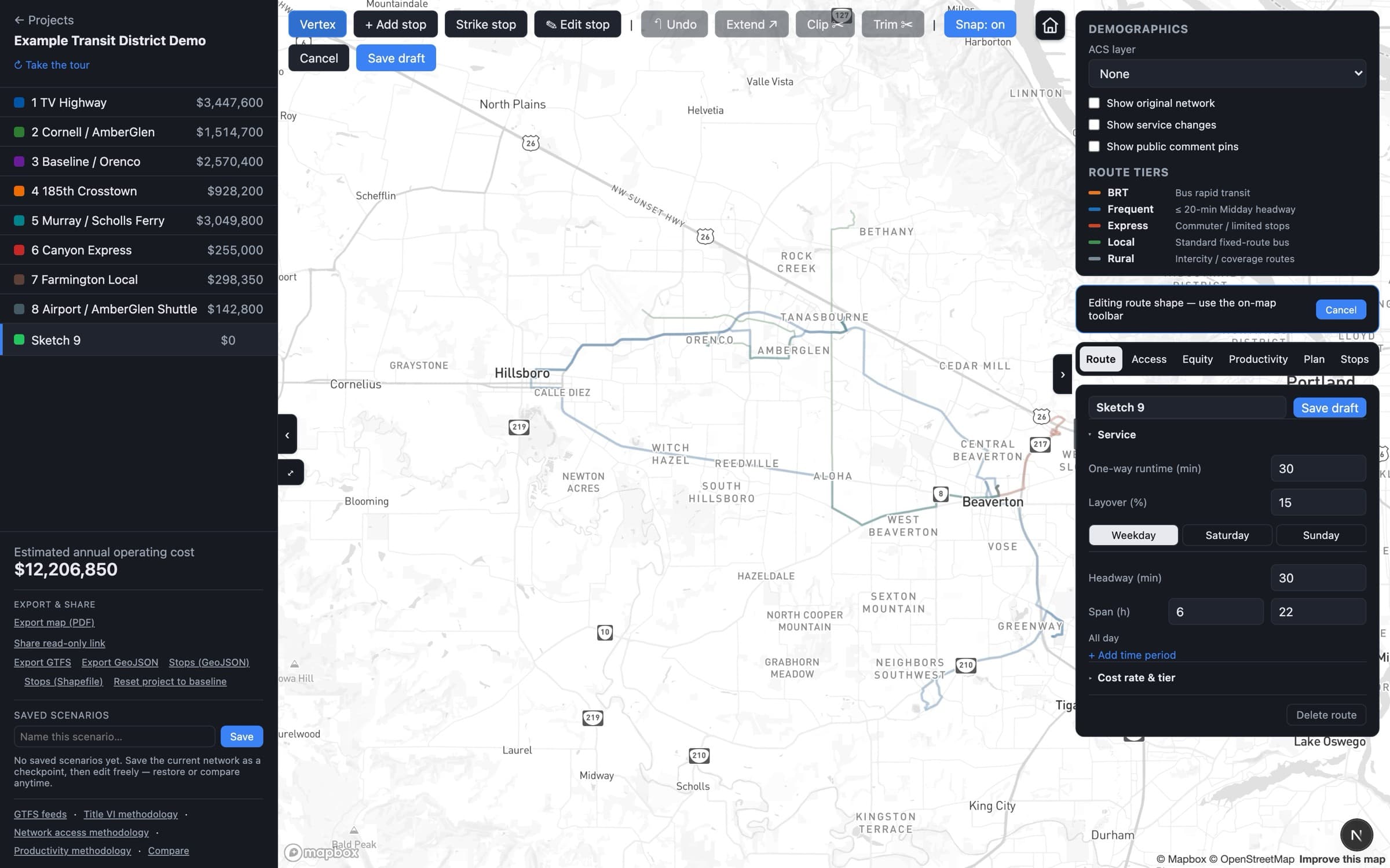 Sketching a new route in Transit Planner: the on-map edit toolbar with vertex, add-stop, extend, clip, trim and snap tools, a new draft route added to the costed route list, and its editable weekday runtime, layover, headway and span on the right