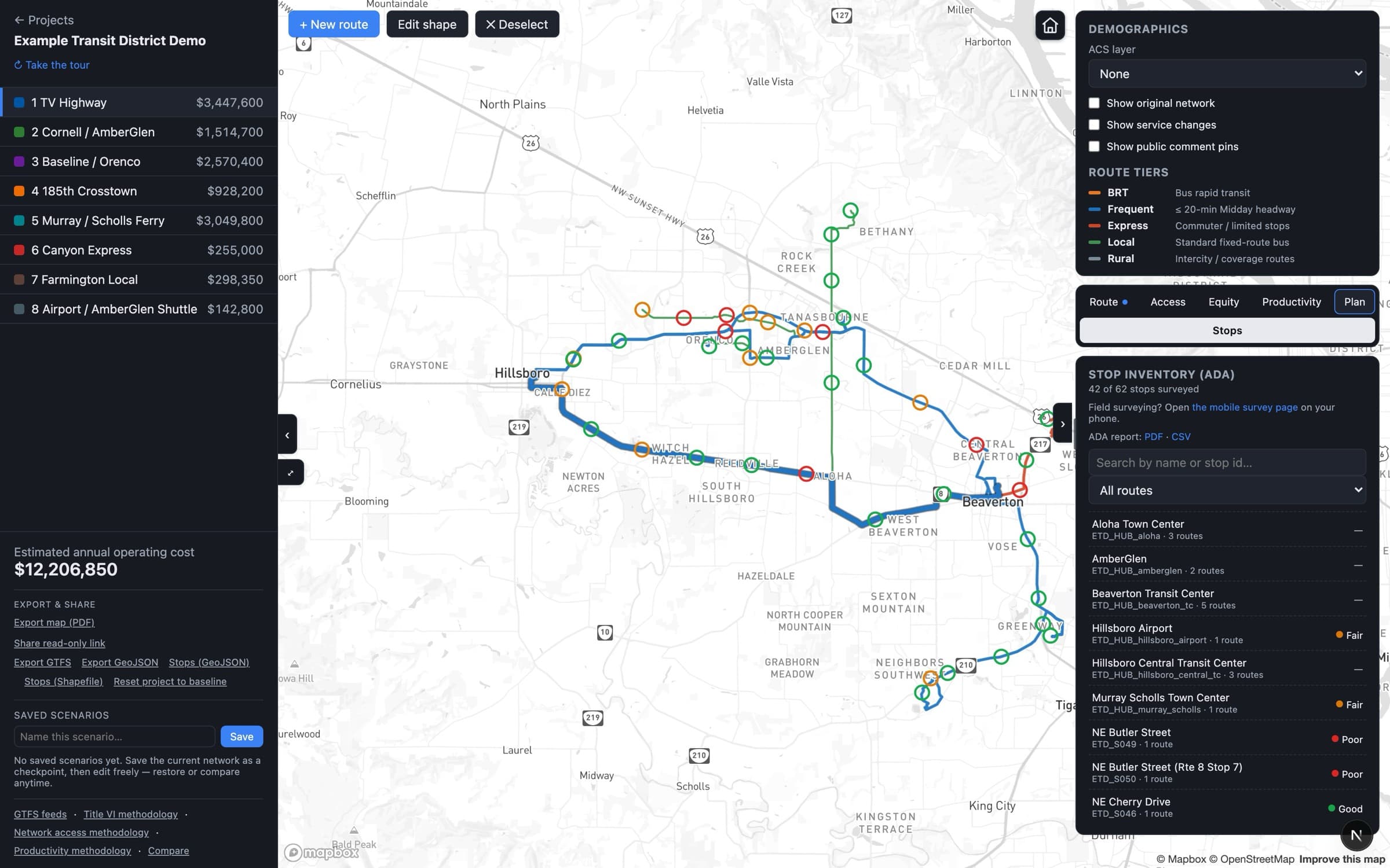 The stop inventory panel in Transit Planner: 42 of 62 stops surveyed, each stop listed with its routes and a condition rating of Good, Fair or Poor, an ADA report available as PDF or CSV, and every surveyed stop plotted on the map colour-coded by condition