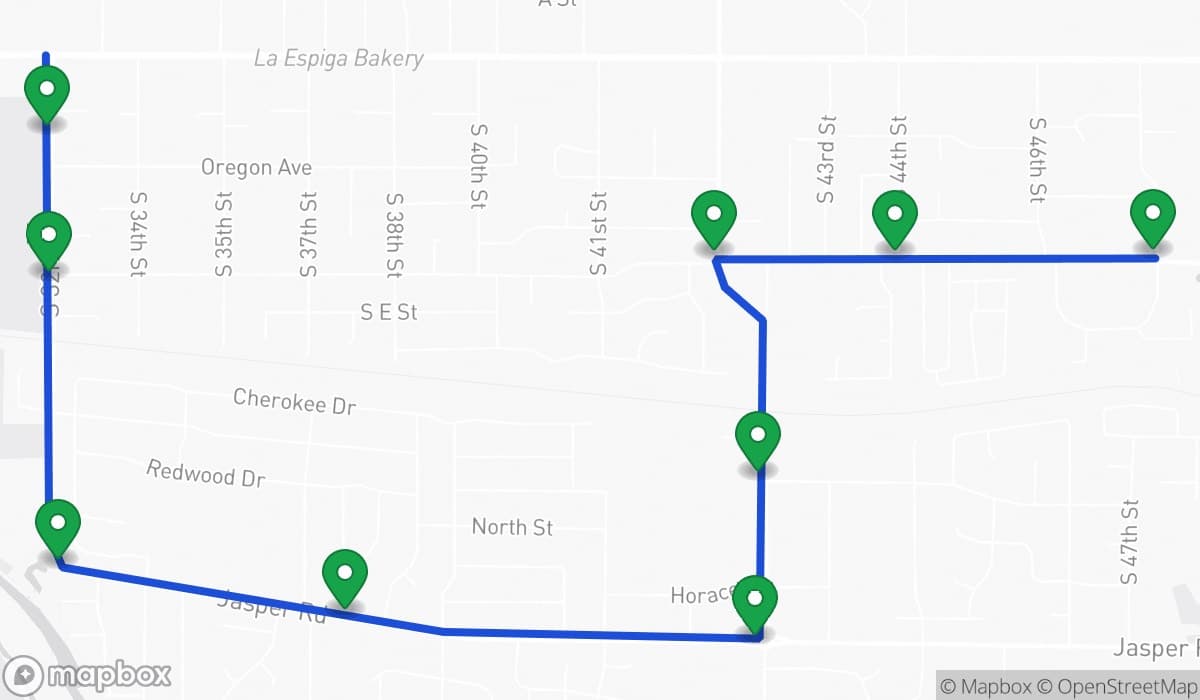 A sketched route drawn on the map along Main Street and Jasper Road in Springfield, with stop pins placed along the alignment