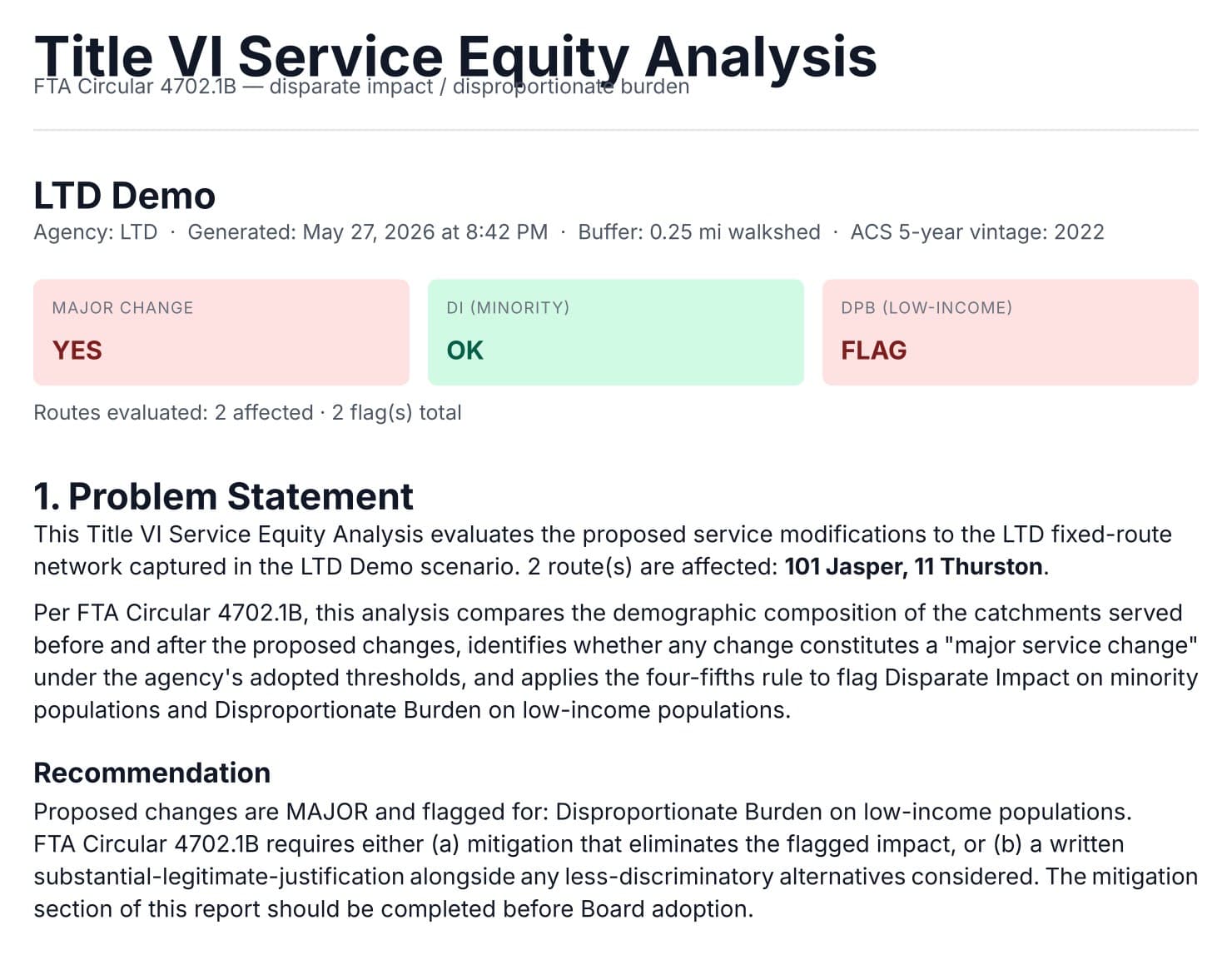 An exported FTA Circular 4702.1B Title VI Service Equity Analysis report showing the major-change, minority disparate-impact, and low-income disproportionate-burden verdicts