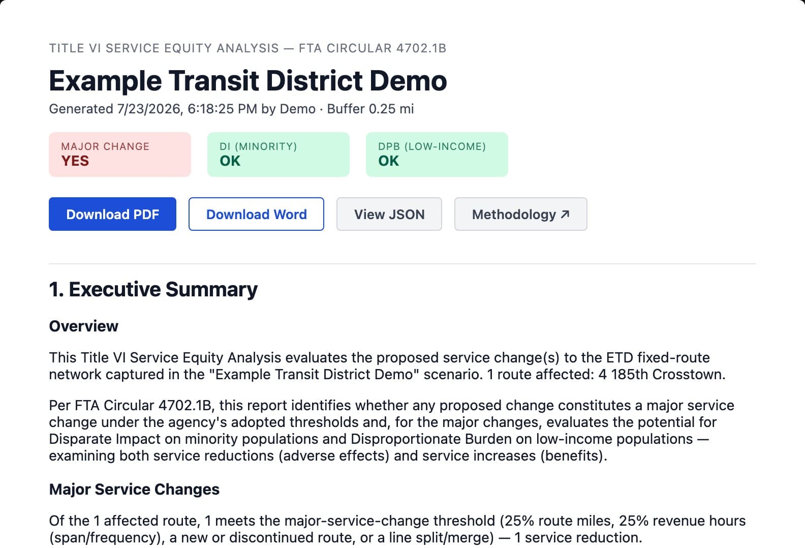 An exported FTA Circular 4702.1B Title VI Service Equity Analysis report showing the major-change, minority disparate-impact, and low-income disproportionate-burden verdicts